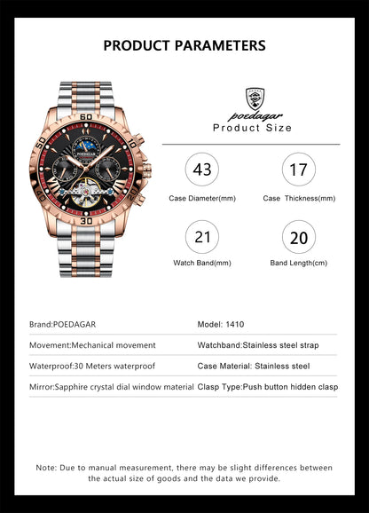 POEDAGAR Luxus Automatische Mechanische Herren Uhr Hohler Tourbillon Wasserdicht Leuchtend Männliche Uhr Woche Datum Geschäftsmänner Uhren