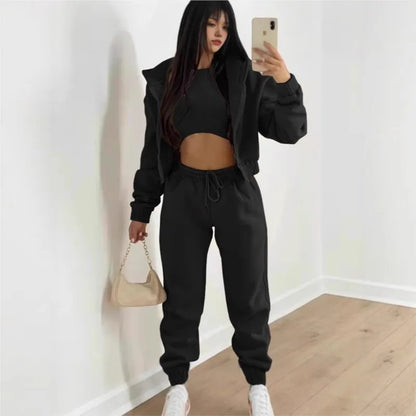Damen 3-teilige Sets Anzug Lässig Langarm Hoodie Tanktop Jogginghose Sportliches Dreiteiliges Outfit
