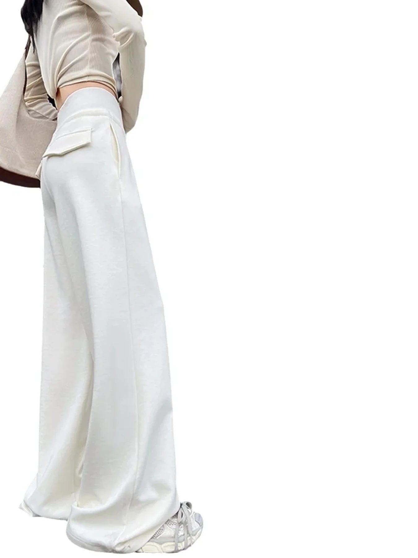 Damen graue Sporthose mit hohem Bund, locker hängend, schlank machend, gerade geschnittene weite Hose, amerikanische Jogginghose.