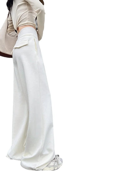 Damen graue Sporthose mit hohem Bund, locker hängend, schlank machend, gerade geschnittene weite Hose, amerikanische Jogginghose.