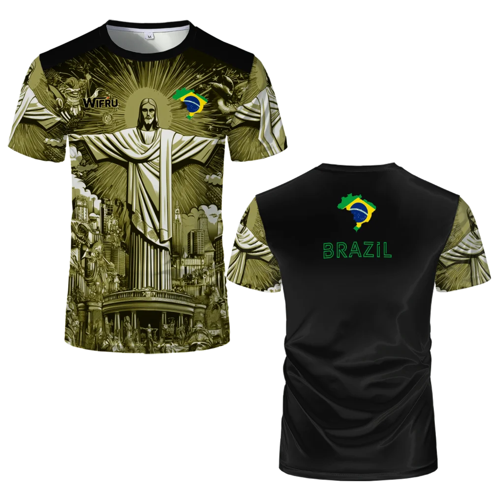 Brasilianische Flagge+Jesus 3D-Druck Sport Schnell trocknend Atmungsaktiv Herren Damen T-Shirt Outdoor Street Kurzarm