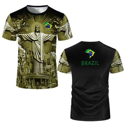 Brasilianische Flagge+Jesus 3D-Druck Sport Schnell trocknend Atmungsaktiv Herren Damen T-Shirt Outdoor Street Kurzarm