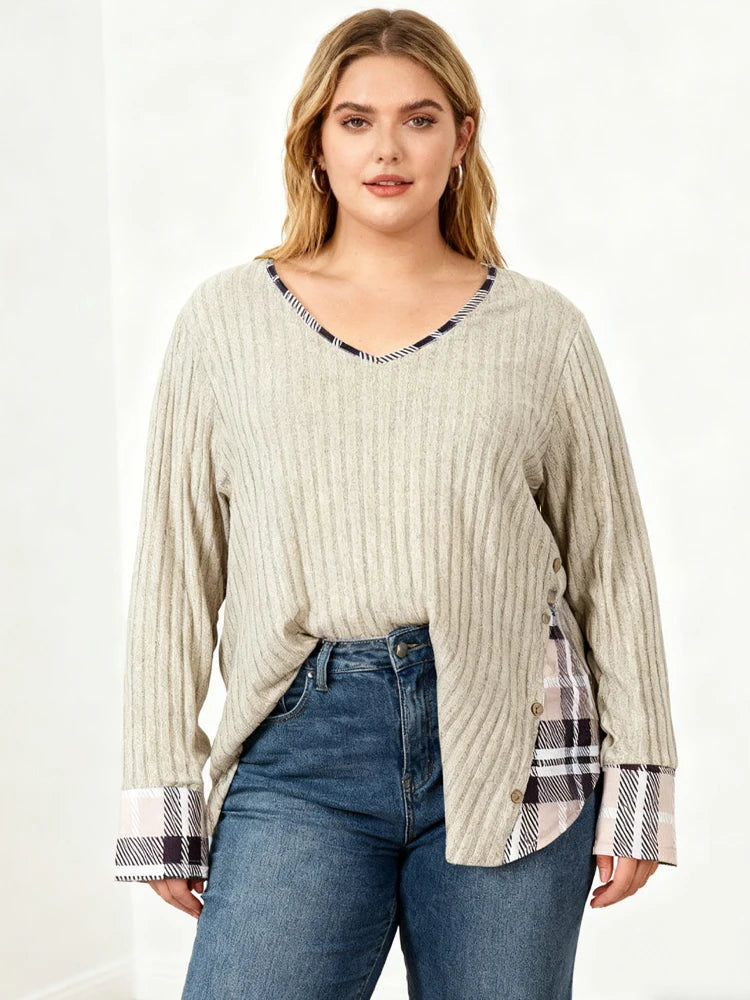 Clearance Plus-Size Damenpullover Winter Große Größen Farbblock V-Ausschnitt Pullover Warm Große Größen Damenbekleidung Streifen-Design Oberteil