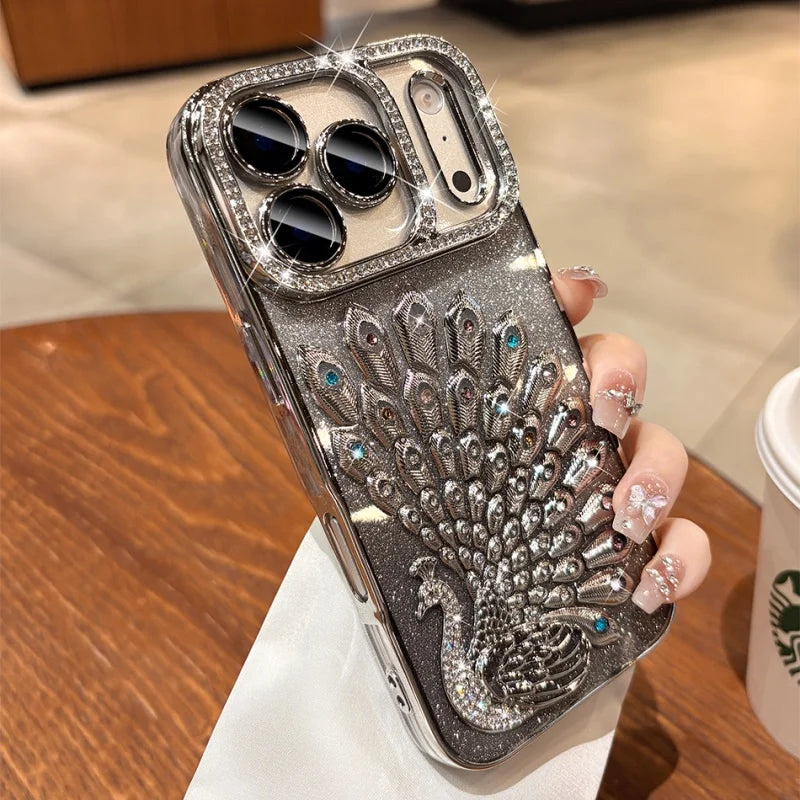 Hülle für iPhone 17 Pro Max 16 15 14 13 mit plattiertem Pfauenmuster, Glitzer-Diamant-Rhinestones, transparent und stoßfest