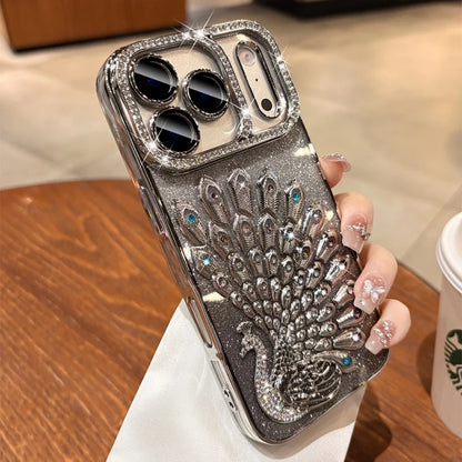 Hülle für iPhone 17 Pro Max 16 15 14 13 mit plattiertem Pfauenmuster, Glitzer-Diamant-Rhinestones, transparent und stoßfest