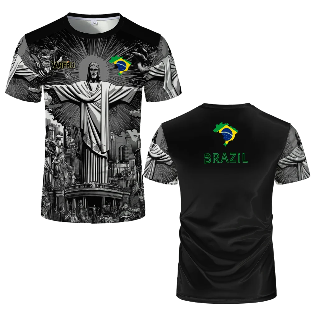 Brasilianische Flagge+Jesus 3D-Druck Sport Schnell trocknend Atmungsaktiv Herren Damen T-Shirt Outdoor Street Kurzarm