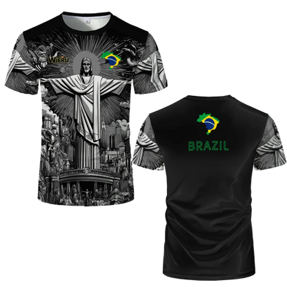 Brasilianische Flagge+Jesus 3D-Druck Sport Schnell trocknend Atmungsaktiv Herren Damen T-Shirt Outdoor Street Kurzarm