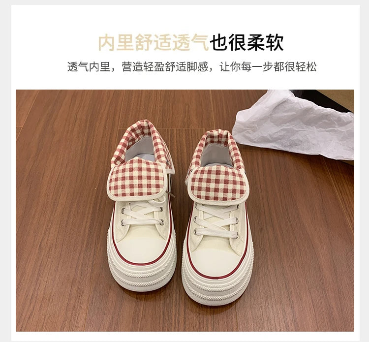 2026 Neue Mode Dicksohlige Kariert Nische INS Trendiges Design Lässige Vielseitige Dicksohlige Faltbare Canvas-Schuhe