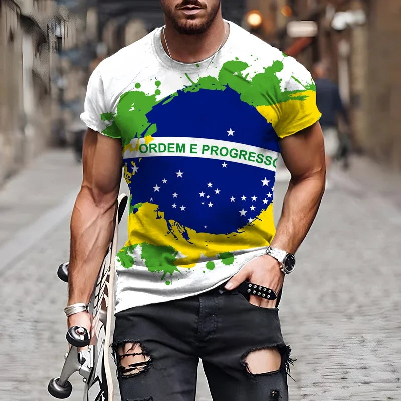 Brasilianische Flagge 3D-Druck Sport Schnell trocknend Atmungsaktiv Herren Damen T-Shirt Outdoor Street  Kurzarm
