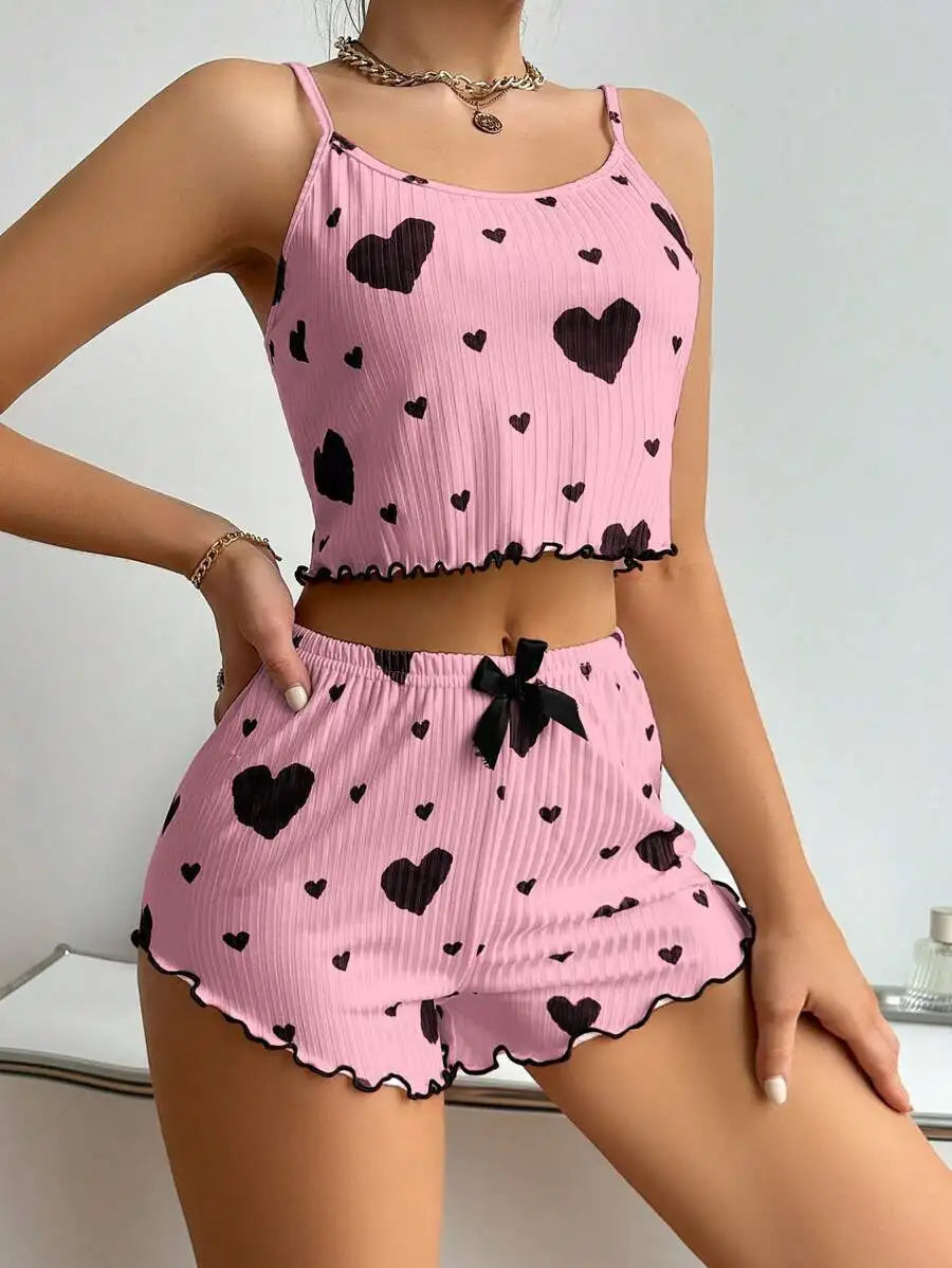 Damen 2-teiliges Herz-Print-Pyjama-Set, ärmelloses Crop-Top und Shorts, weiche bequeme Schlaf- und Freizeitkleidung für Sommernächte