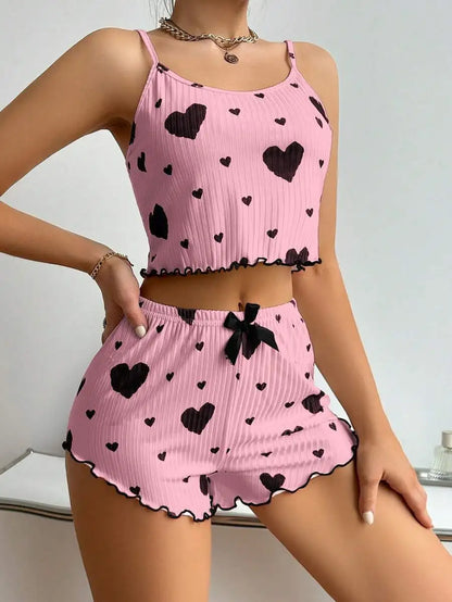 Damen 2-teiliges Herz-Print-Pyjama-Set, ärmelloses Crop-Top und Shorts, weiche bequeme Schlaf- und Freizeitkleidung für Sommernächte
