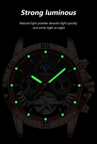 POEDAGAR Luxus Automatische Mechanische Herren Uhr Hohler Tourbillon Wasserdicht Leuchtend Männliche Uhr Woche Datum Geschäftsmänner Uhren