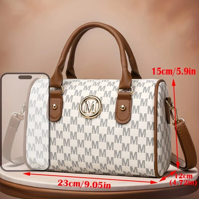 Damen Alphabet Schultertasche mit goldenem "M"-Logo, kleine Umhängetasche aus synthetischem Kunstleder für Arbeit, Reisen, Partys und als Geschenk