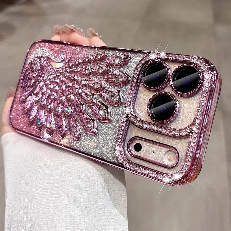 Hülle für iPhone 17 Pro Max 16 15 14 13 mit plattiertem Pfauenmuster, Glitzer-Diamant-Rhinestones, transparent und stoßfest