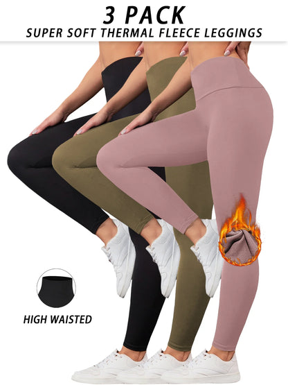 3er-Pack Damen Thermo-Leggings mit Fleece-Futter und hoher Taille. Trainings-Winterwärmende dicke Strumpfhosen, weiche Yogahosen