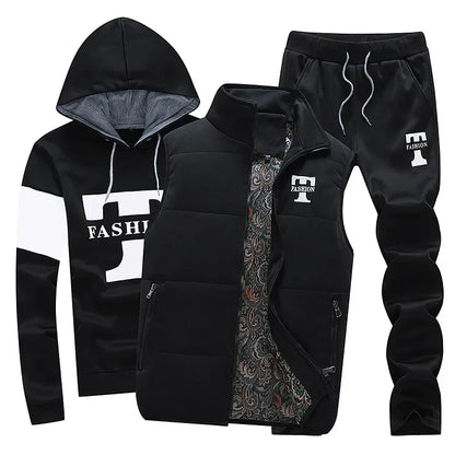 Herren Kapuzenpullover Herbst Winter Fleecegefüttert Verdicktes Freizeit-Sportanzug Modisches Dreiteiliges Set