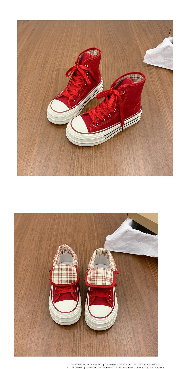 2026 Neue Mode Dicksohlige Kariert Nische INS Trendiges Design Lässige Vielseitige Dicksohlige Faltbare Canvas-Schuhe