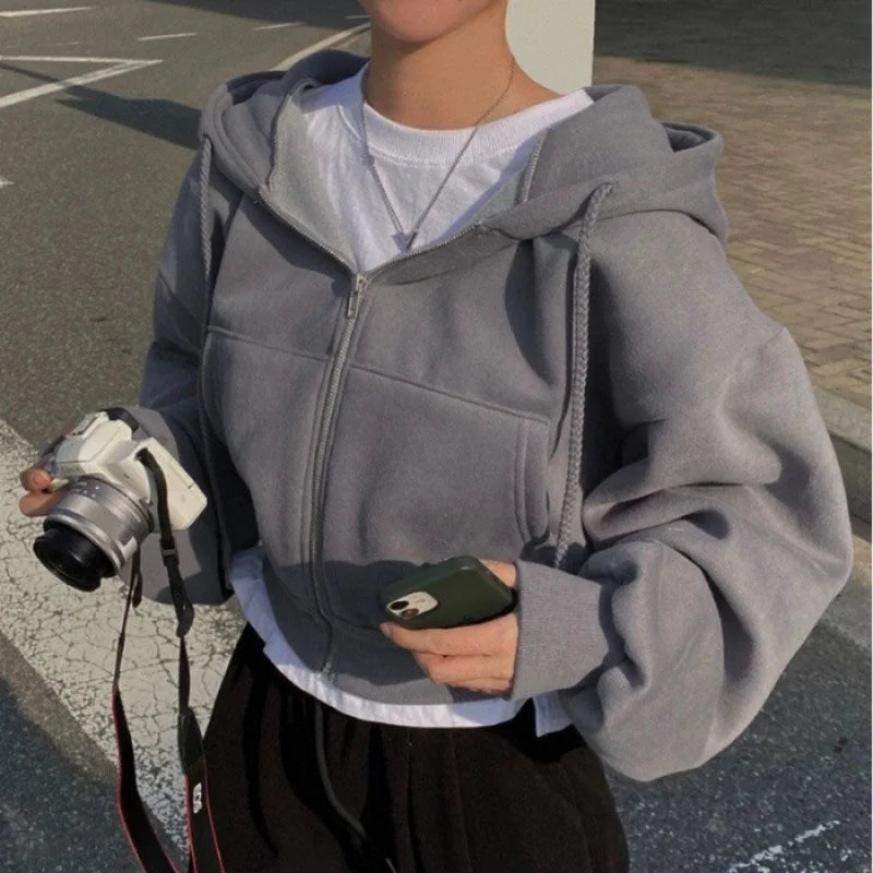 Damen Sweatshirt mit Fleece-Futter, vielseitig, kurz geschnitten, schlanke Passform, glatte Silhouette, Reißverschluss, warm, mit Kapuze