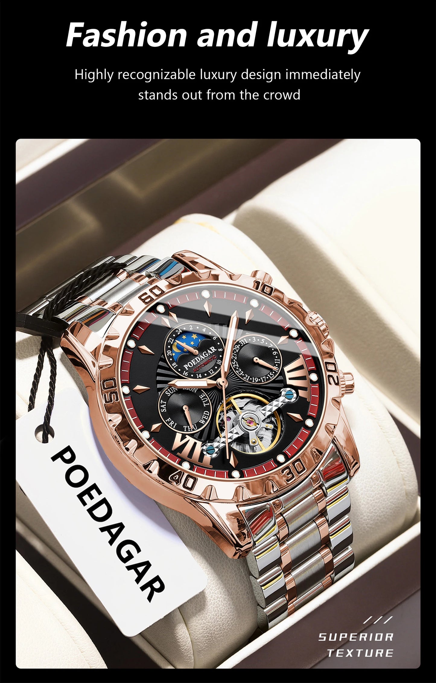POEDAGAR Luxus Automatische Mechanische Herren Uhr Hohler Tourbillon Wasserdicht Leuchtend Männliche Uhr Woche Datum Geschäftsmänner Uhren