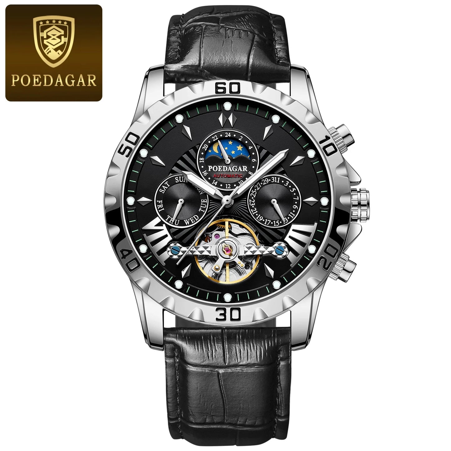 POEDAGAR Luxus Automatische Mechanische Herren Uhr Hohler Tourbillon Wasserdicht Leuchtend Männliche Uhr Woche Datum Geschäftsmänner Uhren