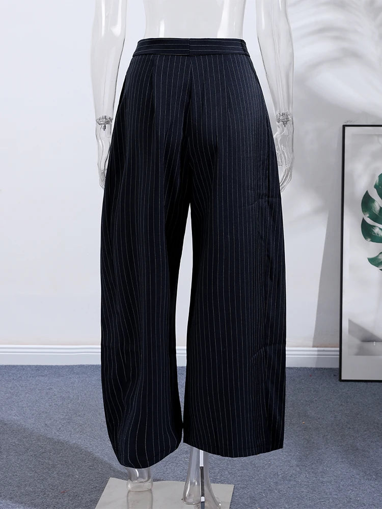 Elegante gestreifte, plissierte lange Hose für Frauen, locker, mit hoher Taille, Reißverschlusstaschen, Damenhose, Herbst 2025, für Büro und Alltag