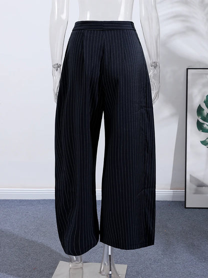 Elegante gestreifte, plissierte lange Hose für Frauen, locker, mit hoher Taille, Reißverschlusstaschen, Damenhose, Herbst 2025, für Büro und Alltag