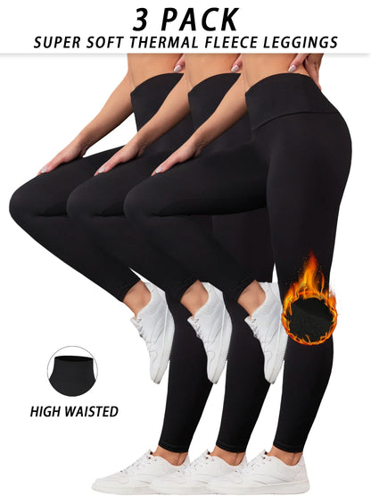 3er-Pack Damen Thermo-Leggings mit Fleece-Futter und hoher Taille. Trainings-Winterwärmende dicke Strumpfhosen, weiche Yogahosen