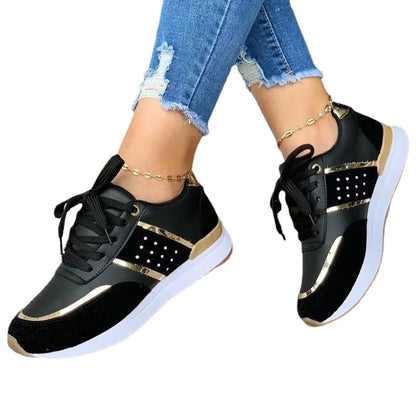 Neue Damensneaker Plateauschuhe Leder-Patchwork Freizeit-Sportschuhe Damen Outdoor-Laufschuhe Vulkanisierte Schuhe Zapatillas Mujer