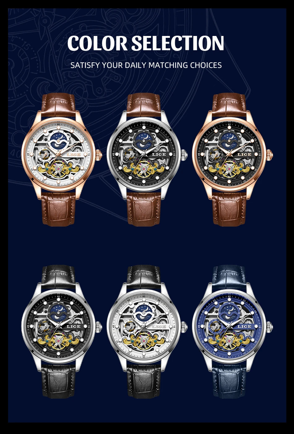 Neue LIGE Skelett Mechanische Automatik-Uhr Herren Tourbillon Sportuhr Freizeit Business Mond Armbanduhr Relojes Hombre