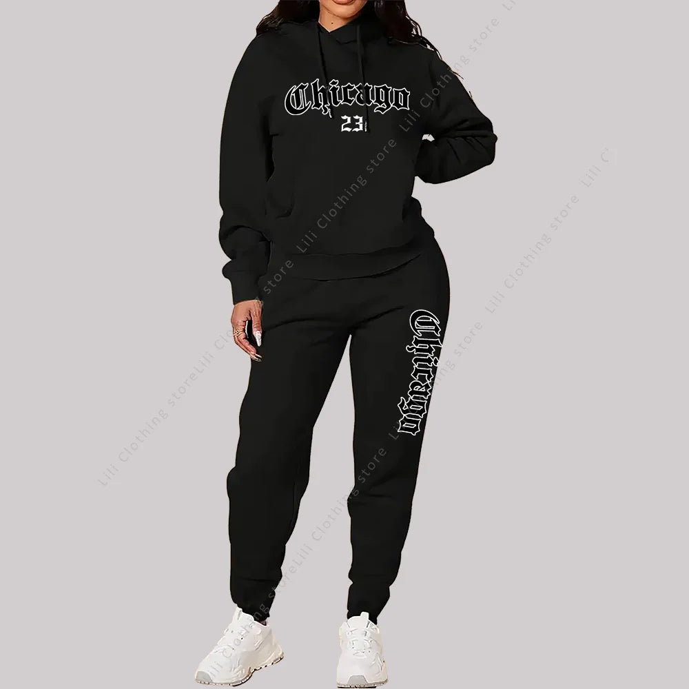 Damen Sets Hoodies Hosen 2-teilige Outfits Ästhetische Sportbekleidung Trainingsanzug Chicago Grafik Buchstaben Druck Plus Size Rosa Trainingsanzug