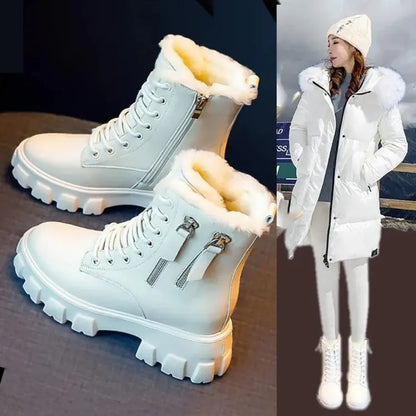 Stiefeletten 2025 Neuer koreanischer Stil mit Fleece gefüttert, Herbst-Winter High-Top Baumwollschuhe, Damenstiefel mit hohem Absatz, mittelhohe Stiefel