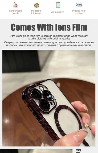 Verchromtes weiches TPU-Case mit vollständigem Linsenschutz für iPhone 13 14 12 11 15 Pro Max Plus Magsafe magnetische Handyhülle kabelloses Ladecover