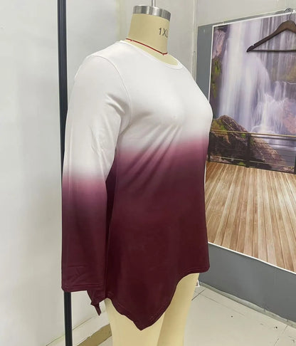 T-Shirt in Übergröße mit Farbverlauf für Frauen, lässiges Langarmshirt mit rundem Halsausschnitt für Frühling und Herbst.