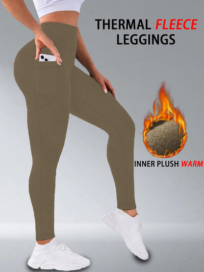 Damen Thermo-Leggings mit Hoher Taille und Taschen – Fleecegefüttert, Bauchformend, Winterwarm, Dicke Strumpfhose, Sport- und Laufhose