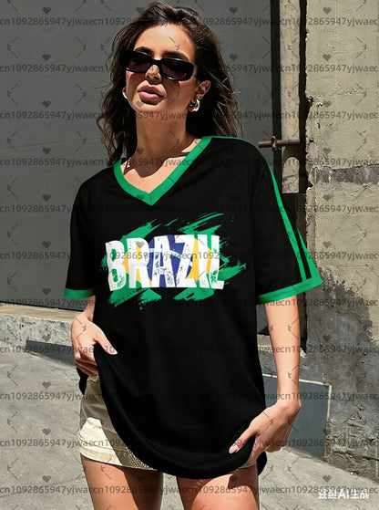 2026 Sommer Frauen Brasilien Team V-Ausschnitt Kurzarm T-Shirt Tee Tägliche Oberteile Damen T-Shirts Damenbekleidung