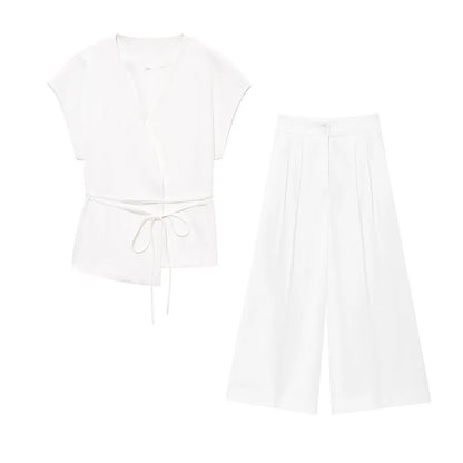 TFMLN Fashion Damenanzug Hosenanzüge Ärmelloses V-Ausschnitt Top mit Gürtel Gerade Hose Set 2025 Frühling Sommer Büro 2-teiliger Set