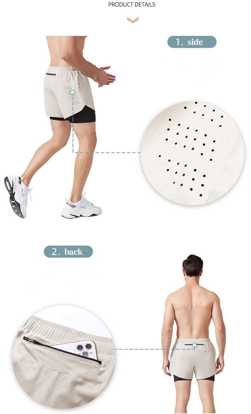 Herren Laufshorts Schnell trocknend Fitness Schwarz Doppel-lagige Shorts Herren Neue Sport Workout Trainings Bodybuilding Kurze Hose