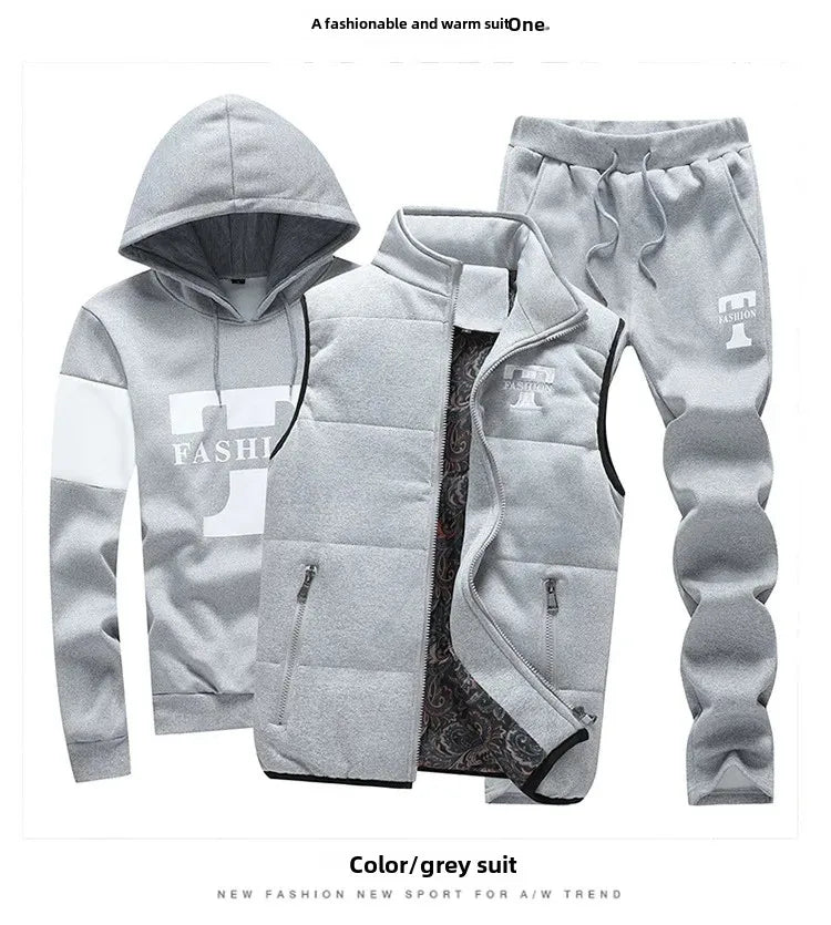 Herren Kapuzenpullover Herbst Winter Fleecegefüttert Verdicktes Freizeit-Sportanzug Modisches Dreiteiliges Set