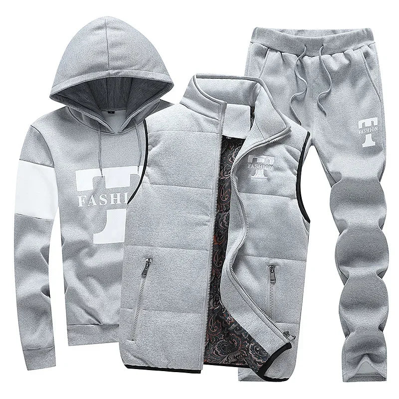 Herren Kapuzenpullover Herbst Winter Fleecegefüttert Verdicktes Freizeit-Sportanzug Modisches Dreiteiliges Set