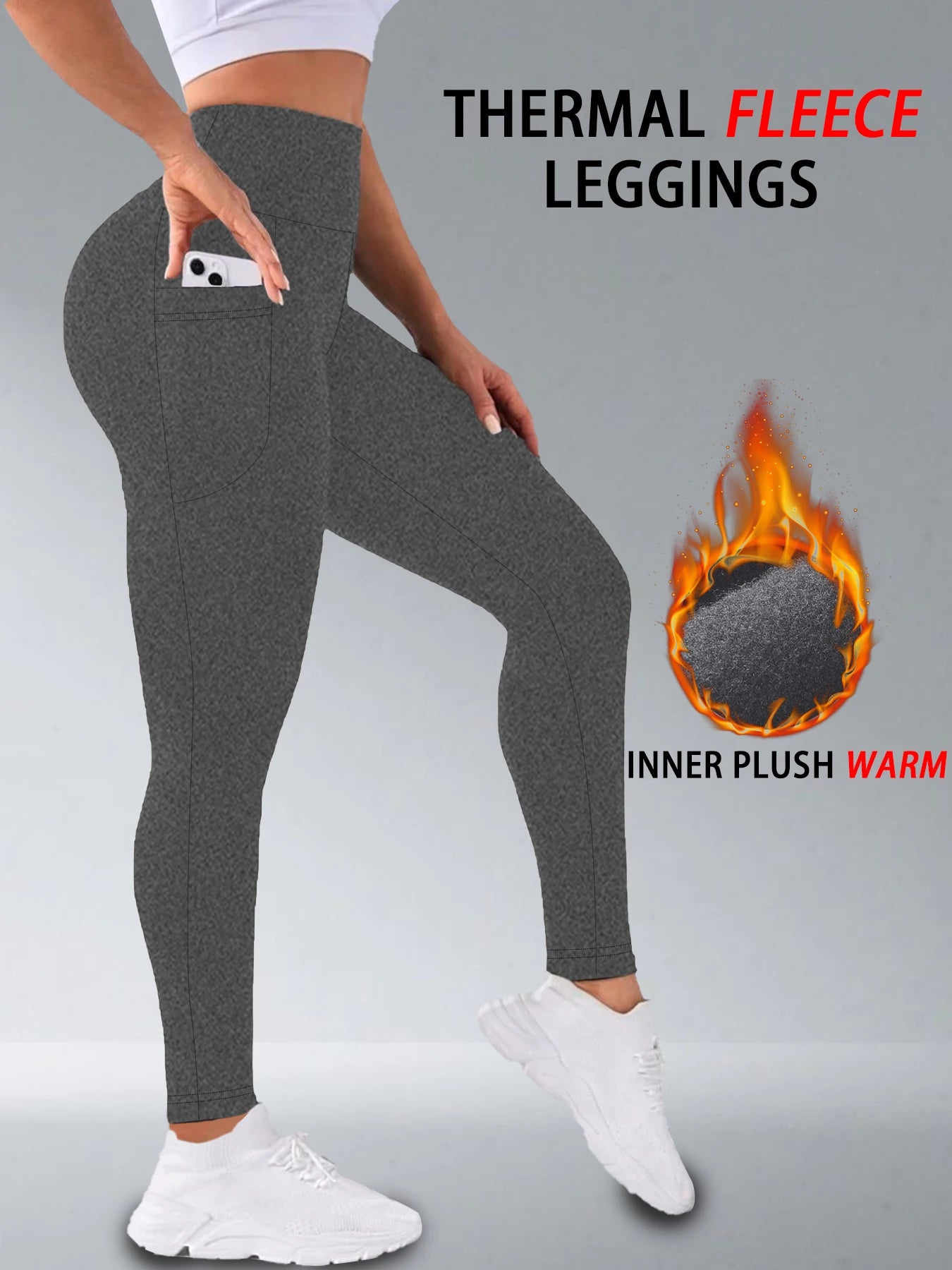 Damen Thermo-Leggings mit Hoher Taille und Taschen – Fleecegefüttert, Bauchformend, Winterwarm, Dicke Strumpfhose, Sport- und Laufhose