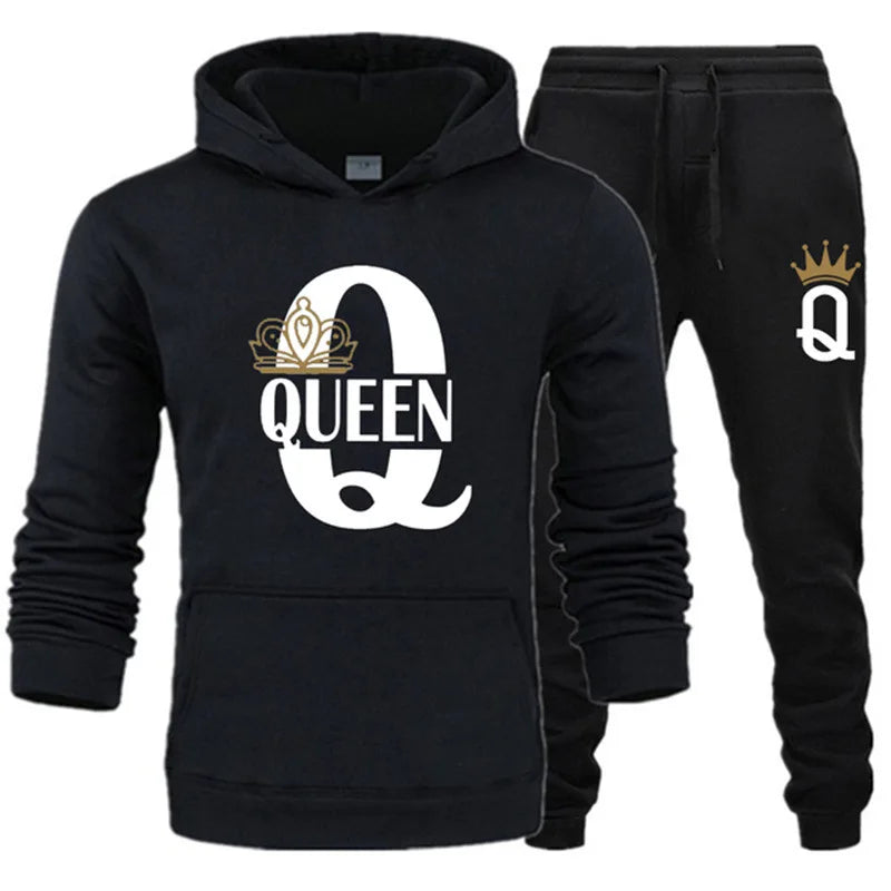 2026 Neue Frühling - und Herbst-Damen- und Herrenpullover-Set KING QUEEN Lockeres Entspanntes Kapuzenpullover-Set für Paare mit Aufdruck