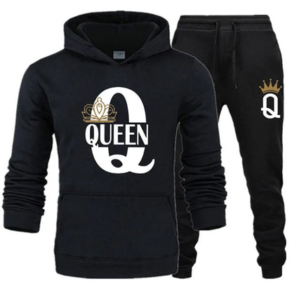 2026 Neue Frühling - und Herbst-Damen- und Herrenpullover-Set KING QUEEN Lockeres Entspanntes Kapuzenpullover-Set für Paare mit Aufdruck