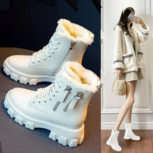Stiefeletten 2025 Neuer koreanischer Stil mit Fleece gefüttert, Herbst-Winter High-Top Baumwollschuhe, Damenstiefel mit hohem Absatz, mittelhohe Stiefel
