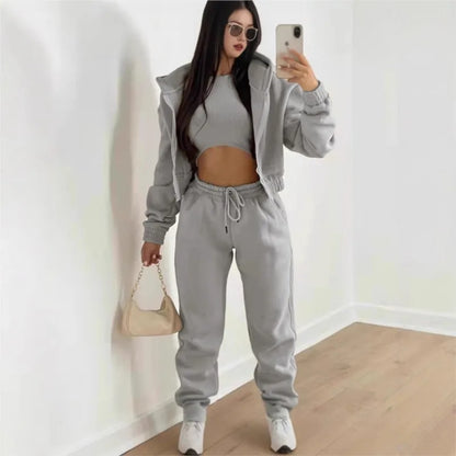 Damen 3-teilige Sets Anzug Lässig Langarm Hoodie Tanktop Jogginghose Sportliches Dreiteiliges Outfit