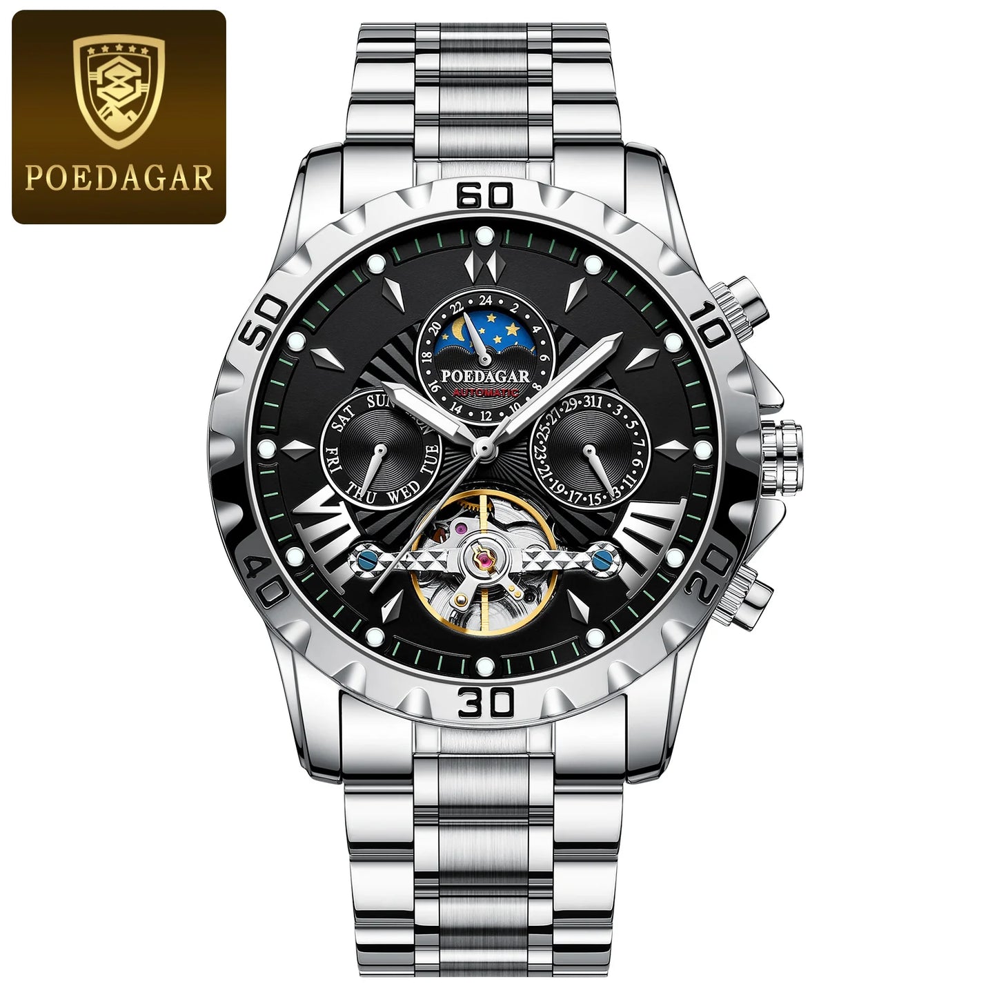 POEDAGAR Luxus Automatische Mechanische Herren Uhr Hohler Tourbillon Wasserdicht Leuchtend Männliche Uhr Woche Datum Geschäftsmänner Uhren