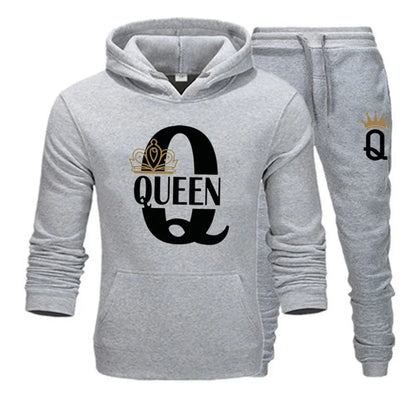 2026 Neue Frühling - und Herbst-Damen- und Herrenpullover-Set KING QUEEN Lockeres Entspanntes Kapuzenpullover-Set für Paare mit Aufdruck