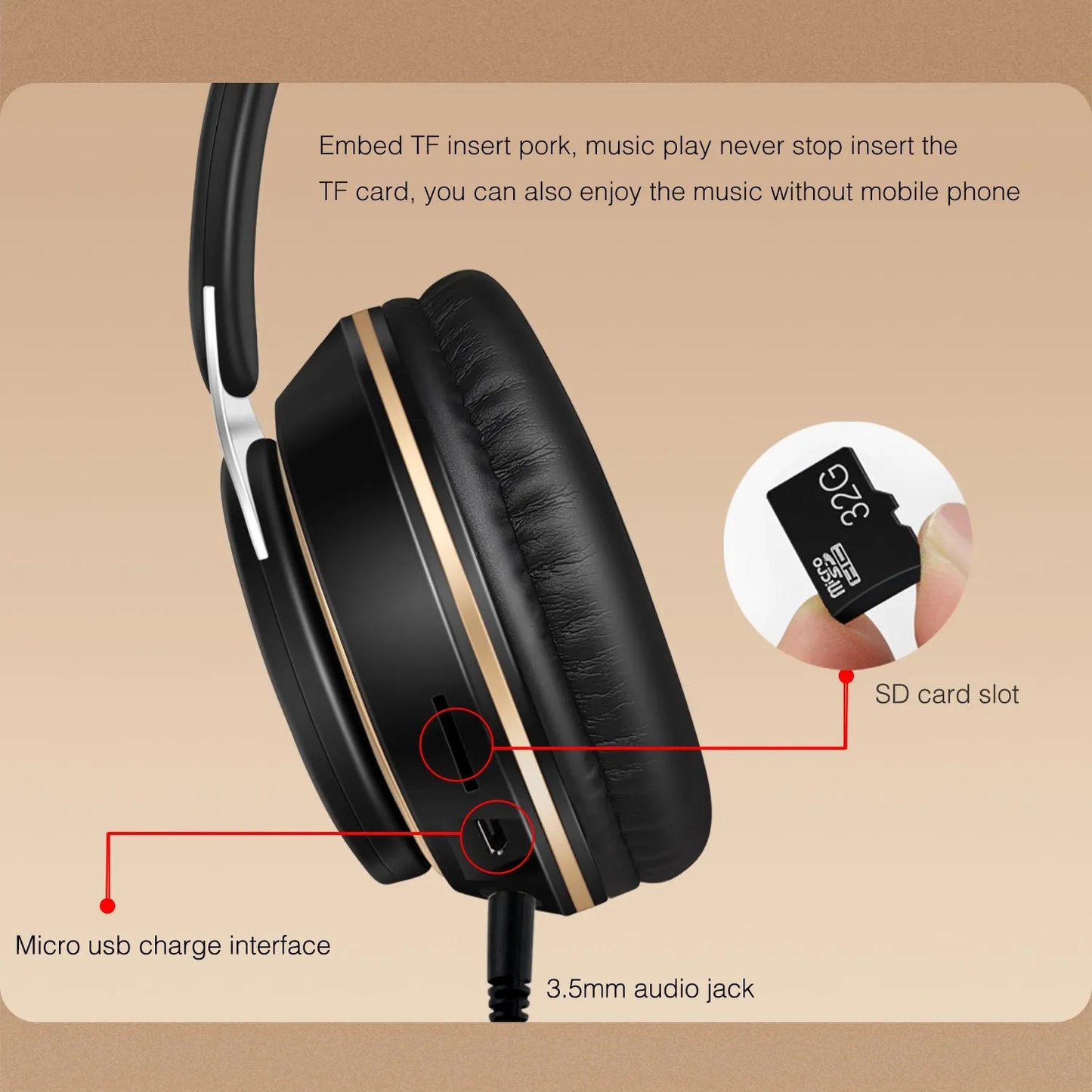 2026 Kabellose Bluetooth-Kopfhörer Stereo-Headset mit SD-Kartenunterstützung und Mikrofon für iPhone, Samsung, Tablet