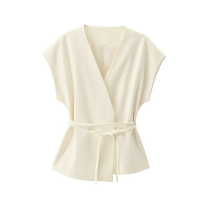 TFMLN Fashion Damenanzug Hosenanzüge Ärmelloses V-Ausschnitt Top mit Gürtel Gerade Hose Set 2025 Frühling Sommer Büro 2-teiliger Set