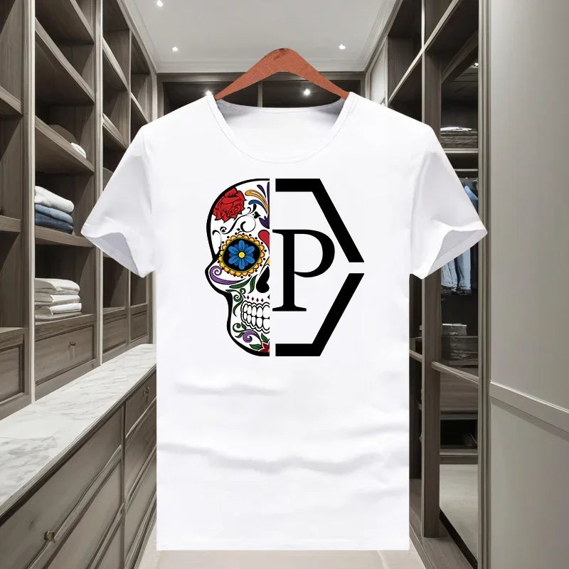 Klassisches trendiges Marken-T-Shirt mit halbem Totenkopf- und Blumenmuster für Männer und Frauen 2026, kurzärmelig, Rundhalsausschnitt