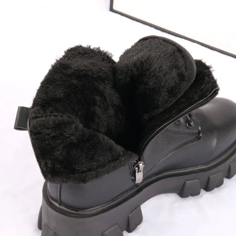 Stiefeletten 2025 Neuer koreanischer Stil mit Fleece gefüttert, Herbst-Winter High-Top Baumwollschuhe, Damenstiefel mit hohem Absatz, mittelhohe Stiefel